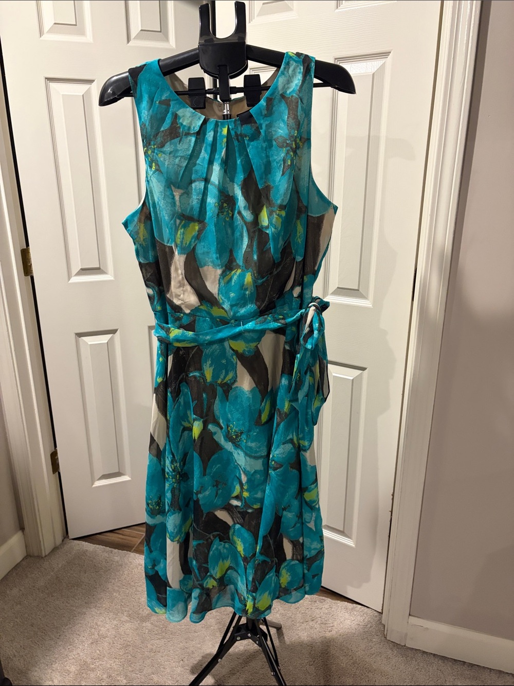 Jessica Howard Teal Floral Sleeveless Belted Midi Dress 16